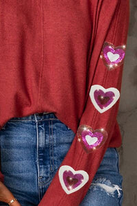 Heart Sequin Round Neck Long Sleeve T-Shirt Trandify deal