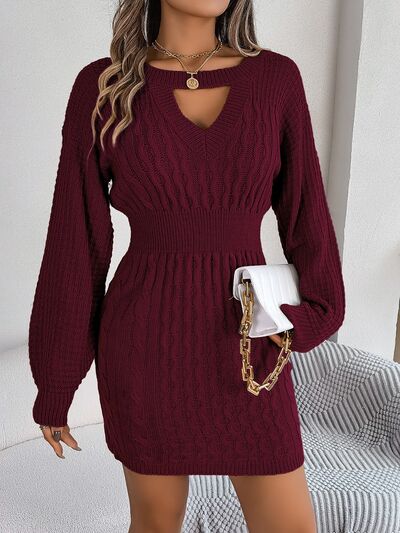 Cable-Knit Cutout Round Neck Slit Sweater dress Trandify deal