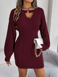 Cable-Knit Cutout Round Neck Slit Sweater dress Trandify deal