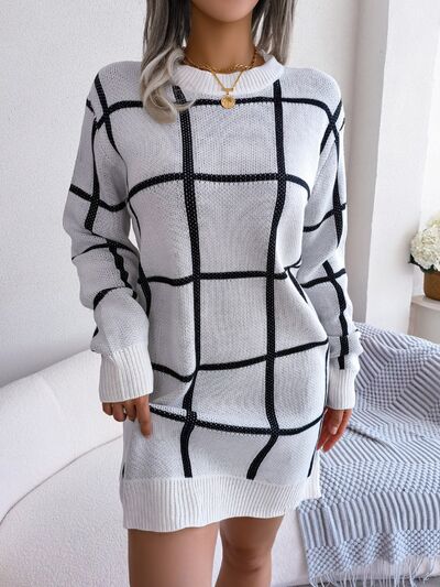 Plaid Round Neck Dropped Shoulder Sweater Dress Trandify deal