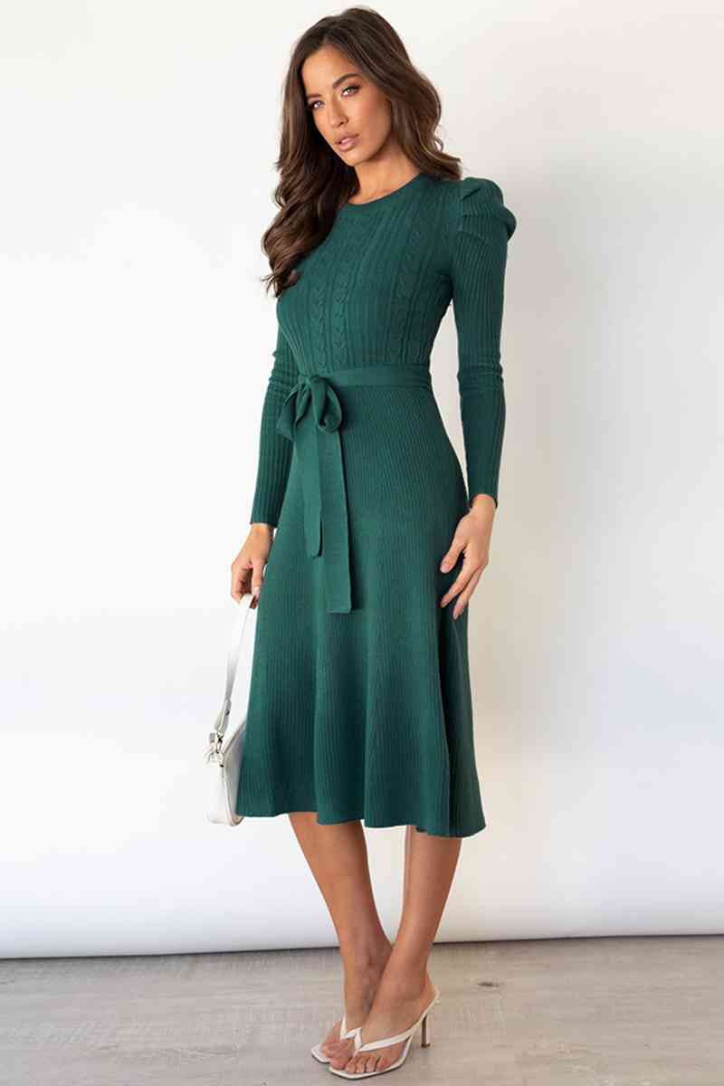 Round Neck Long Sleeve Tie Waist Sweater Dress Trandify deal