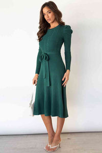 Round Neck Long Sleeve Tie Waist Sweater Dress Trandify deal