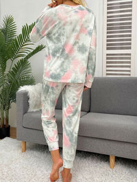 Tie-Dye Round Neck Top and Drawstring Pants Lounge Set Trandify deal