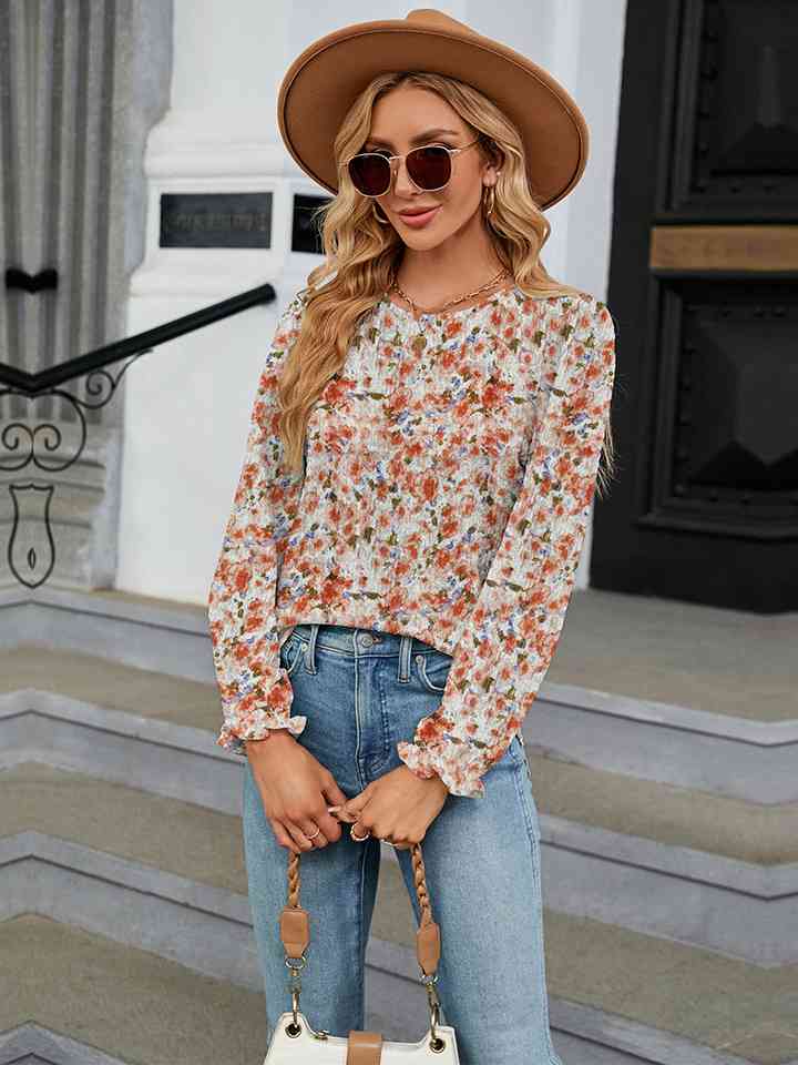 Printed Round Neck Flounce Sleeve Blouse Trandify deal