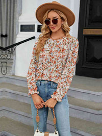 Printed Round Neck Flounce Sleeve Blouse Trandify deal