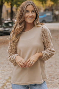 Waffle-Knit Round Neck Long Sleeve Blouse Trandify deal