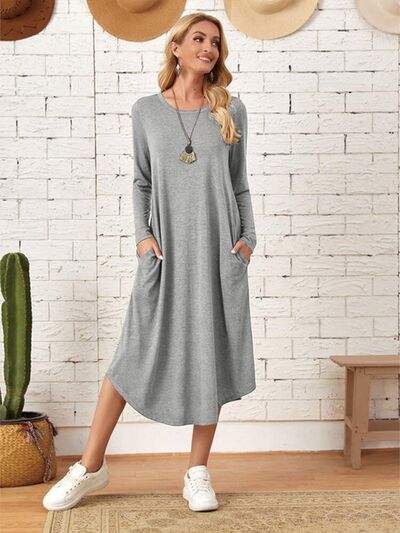 Pocketed Round Neck Long Sleeve Tee Dress Trandify deal