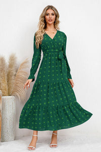 Swiss Dot Tied Surplice Flounce Sleeve Dress Trandify deal