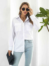 Collared Neck Buttoned Shirt with Pockets Trandify deal