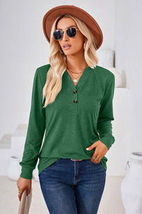Notched Button Detail Long Sleeve T-Shirt Trandify deal
