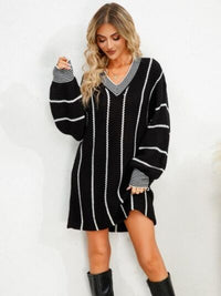 Striped V-Neck Long Sleeve Mini Dress Trandify deal