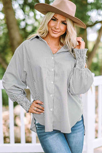 Striped Lantern Sleeve Collared Shirt Trandify deal