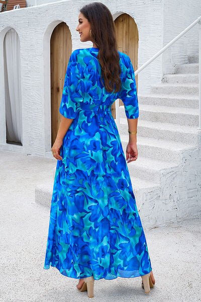 Devine Printed Tied Half Sleeve Slit Dress Trandify deal