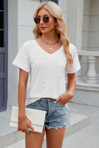 Eyelet V-Neck Short Sleeve T-Shirt Trandify deal