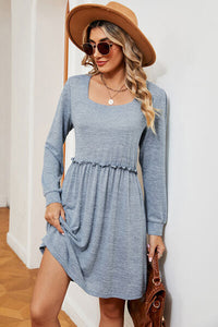 Frill Square Neck Long Sleeve Dress Trandify deal