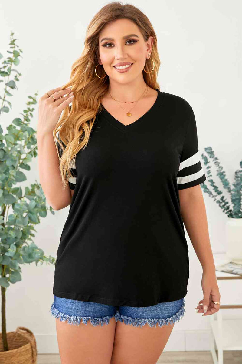 Plus Size Striped V-Neck Tee Shirt Trandify deal