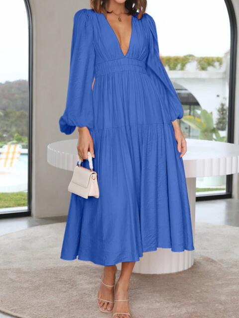 Deep V-Neck Balloon Sleeve Plain Maxi Dress Trandify deal