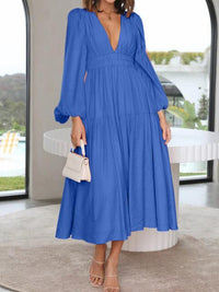 Deep V-Neck Balloon Sleeve Plain Maxi Dress Trandify deal