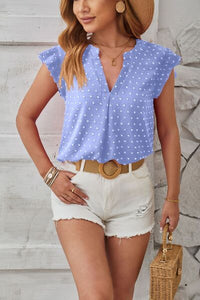 Swiss Dot Ruffled Cap Sleeve T-Shirt Trandify deal
