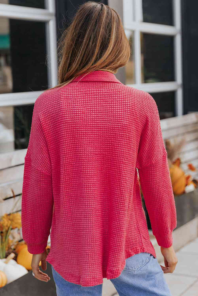 Waffle-Knit Collared Neck Dropped Shoulder Shirt Trandify deal