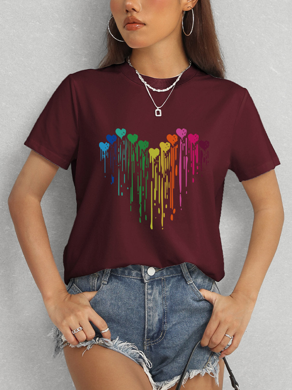 Heart Round Neck Short Sleeve T-Shirt Trandify deal