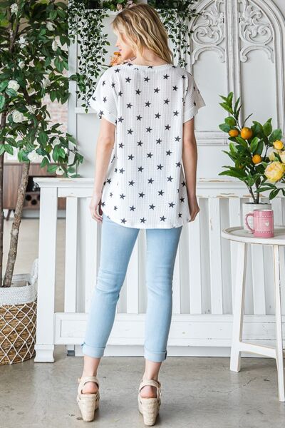 Heimish Full Size Star Print Short Sleeve V-Neck Waffle Knit T-Shirt Trandify deal
