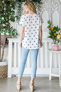 Heimish Full Size Star Print Short Sleeve V-Neck Waffle Knit T-Shirt Trandify deal