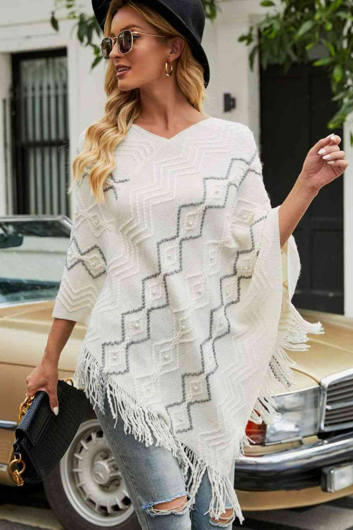 Pearl Trim V-Neck Fringe Hem Poncho - TrandifyDeal
