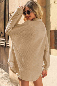 Waffle-Knit Collared Neck Dropped Shoulder Shirt Trandify deal