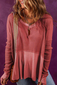 Notched Neck Long Sleeve Slit Blouse Trandify deal