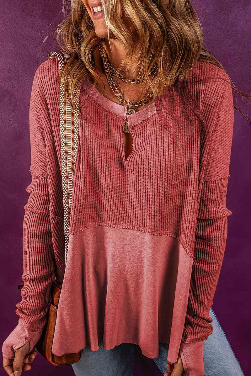 Notched Neck Long Sleeve Slit Blouse Trandify deal
