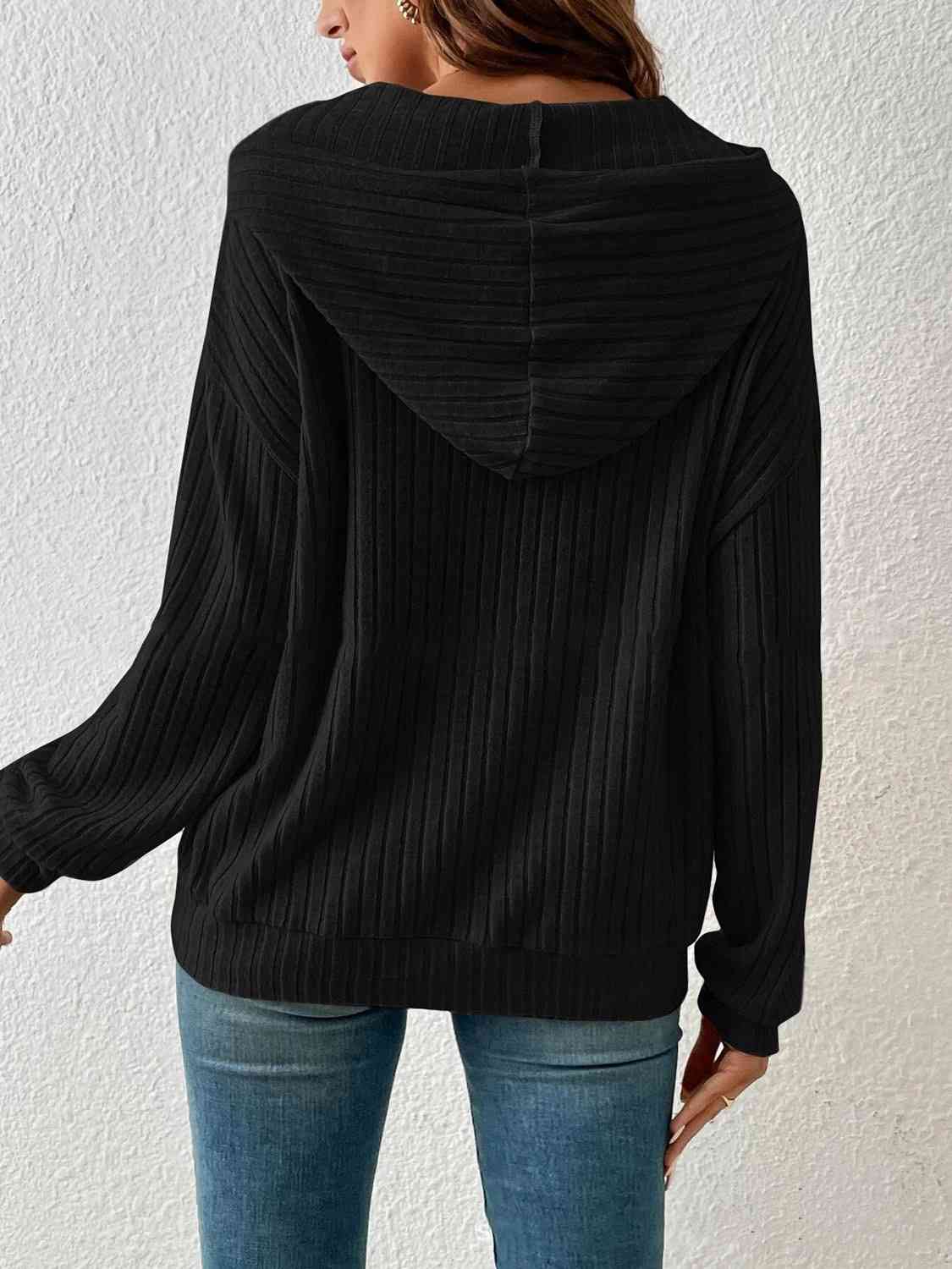 Ribbed Dropped Shoulder Drawstring Hoodie Trandify deal