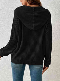 Ribbed Dropped Shoulder Drawstring Hoodie Trandify deal