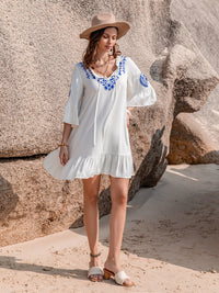 Printed Tie Neck Flounce Sleeve Mini Dress Trandify deal