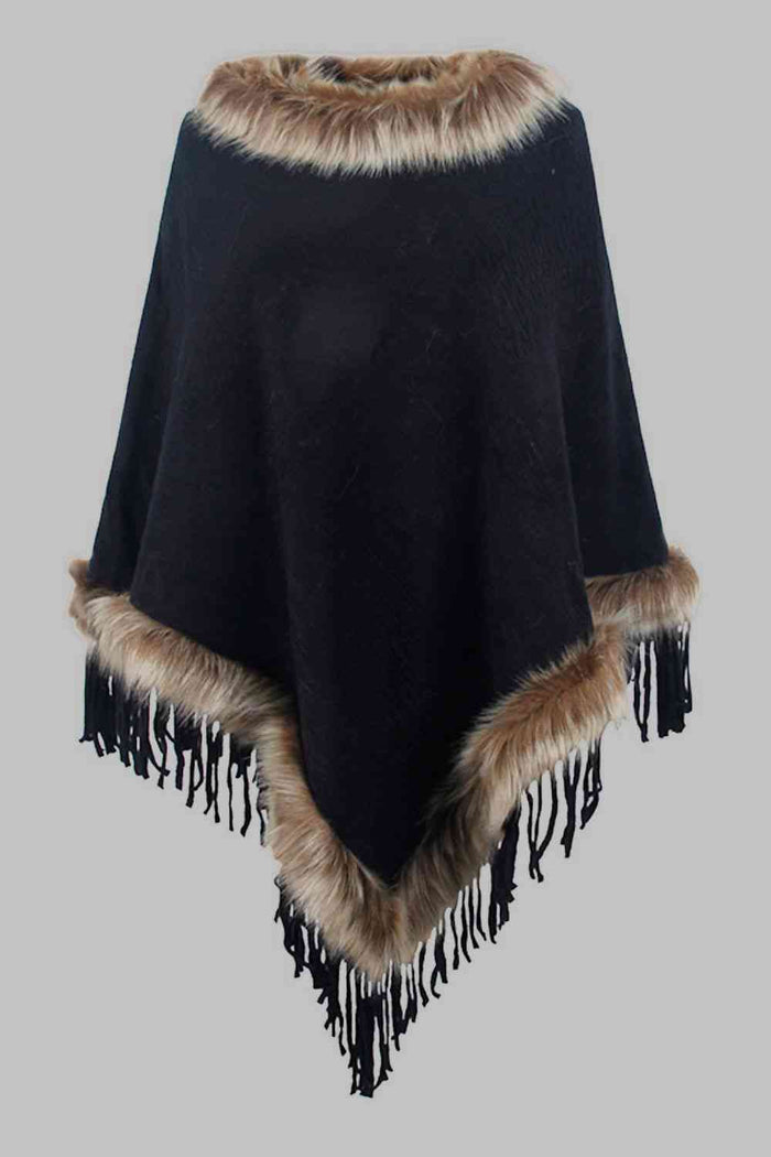 Faux Fur Trim Fringed Poncho Trandify deal