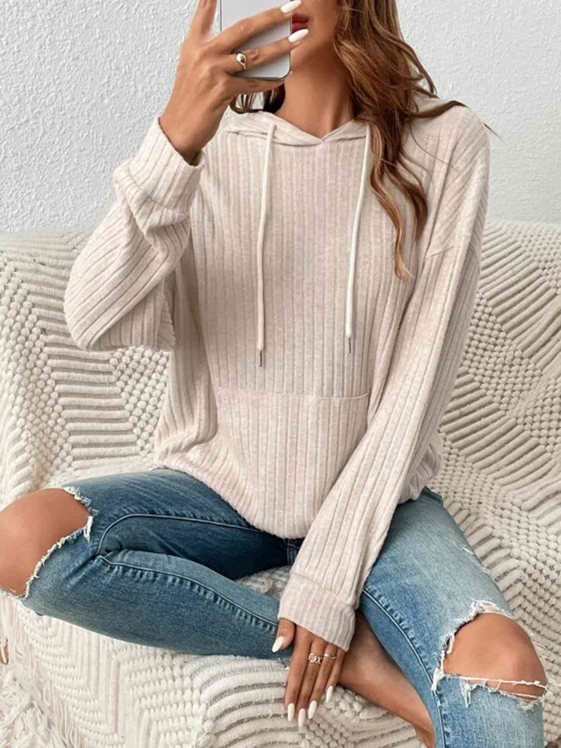 Ribbed Dropped Shoulder Drawstring Hoodie Trandify deal
