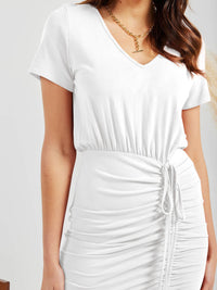 Ruched Slit V-Neck Short Sleeve Dress Trandify deal