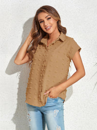 Swiss Dot Button Up Cap Sleeve Shirt Trandify deal