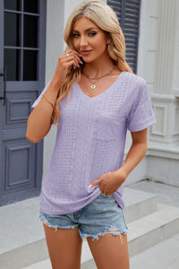 Eyelet V-Neck Short Sleeve T-Shirt Trandify deal