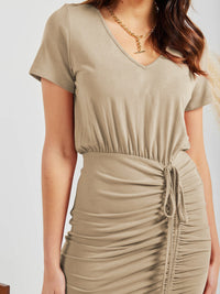 Ruched Slit V-Neck Short Sleeve Dress Trandify deal