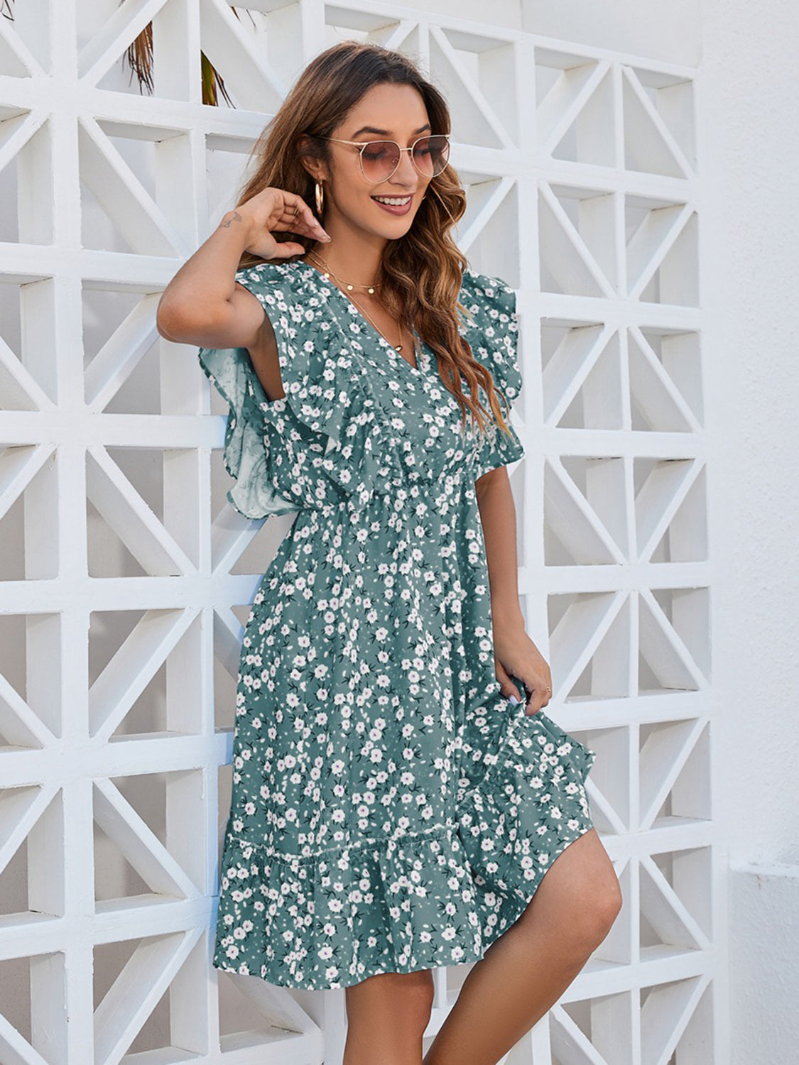 Ruffled Ditsy Floral Surplice Mini Dress Trandify deal