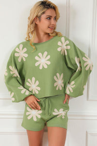 Flower Pattern Long Sleeve Sweater and Drawstring Shorts Set Trandify deal