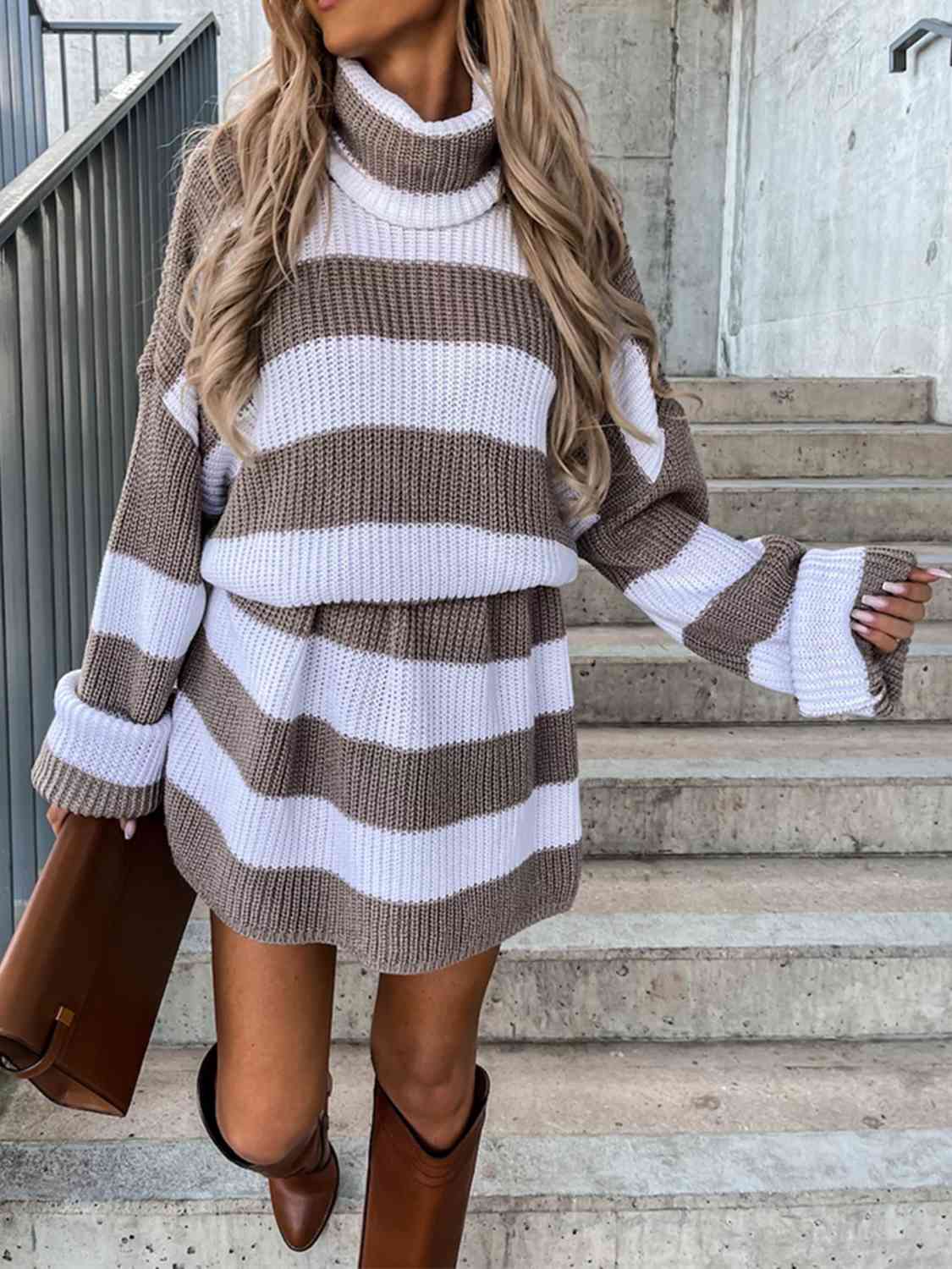 Striped Turtleneck Sweater Dress Trandify deal