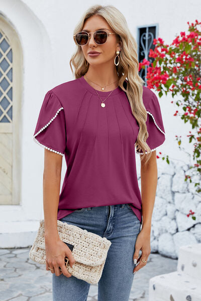 Round Neck Petal Sleeve T-Shirt Trandify deal