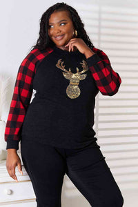 Heimish Full Size Sequin Reindeer Graphic Plaid Top Trandify deal