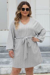 Plus Size Ribbed Tie Front Long Sleeve Sweater Dress Trandify deal