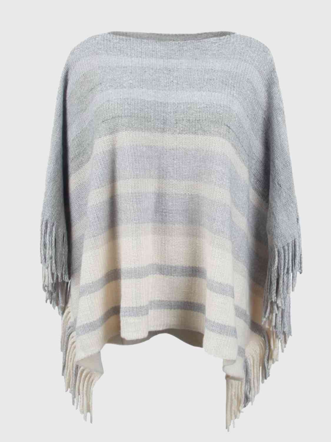 Striped Boat Neck Poncho with Fringes Trandify deal