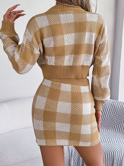 Plaid Round Neck Top and Skirt Sweater Set Trandify deal