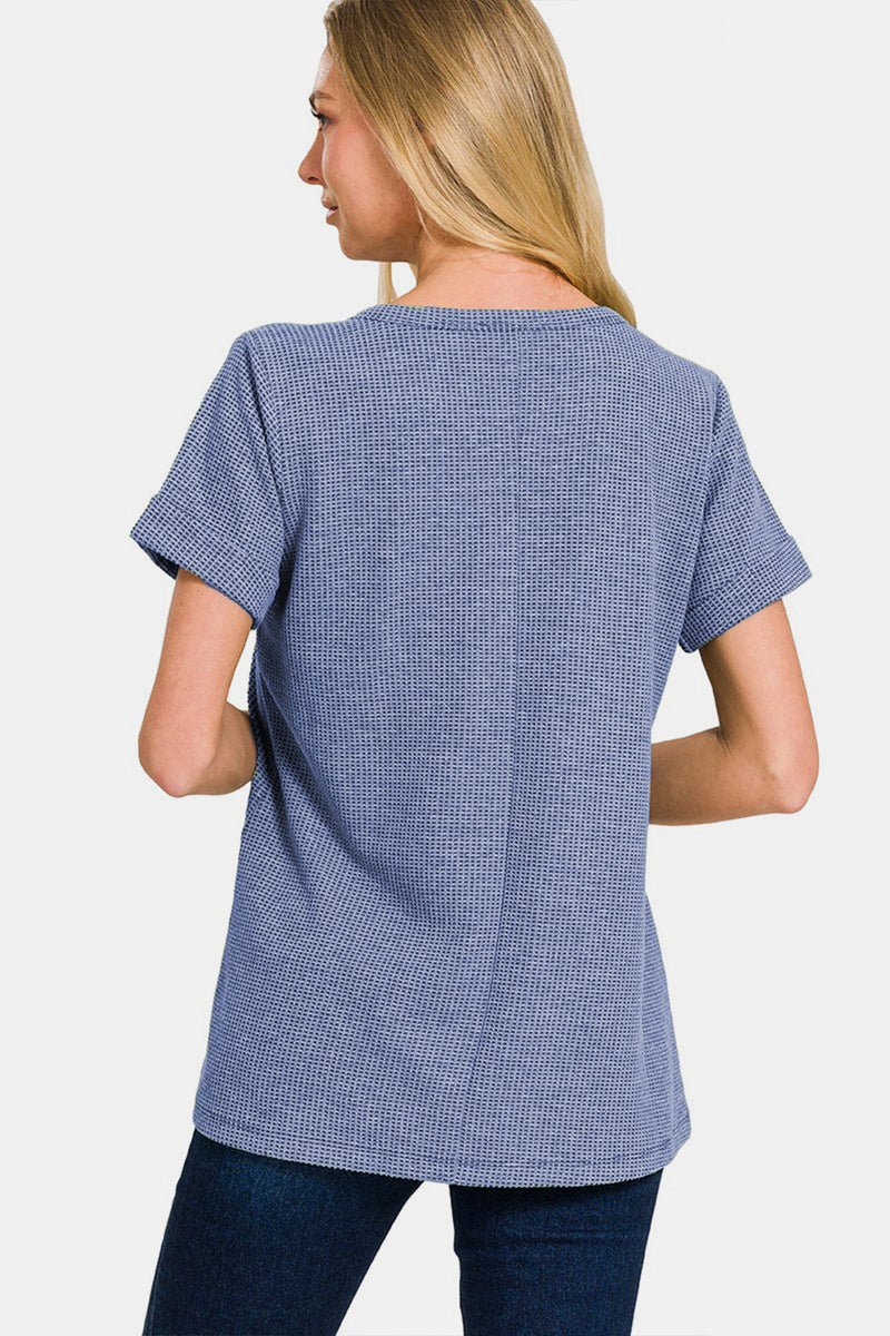 Zenana Notched Short Sleeve Waffle T-Shirt Trandify deal