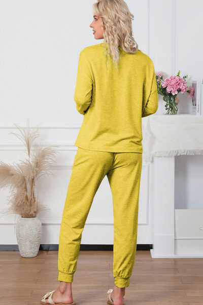 Round Neck Top and Drawstring Pants Lounge Set Trandify deal